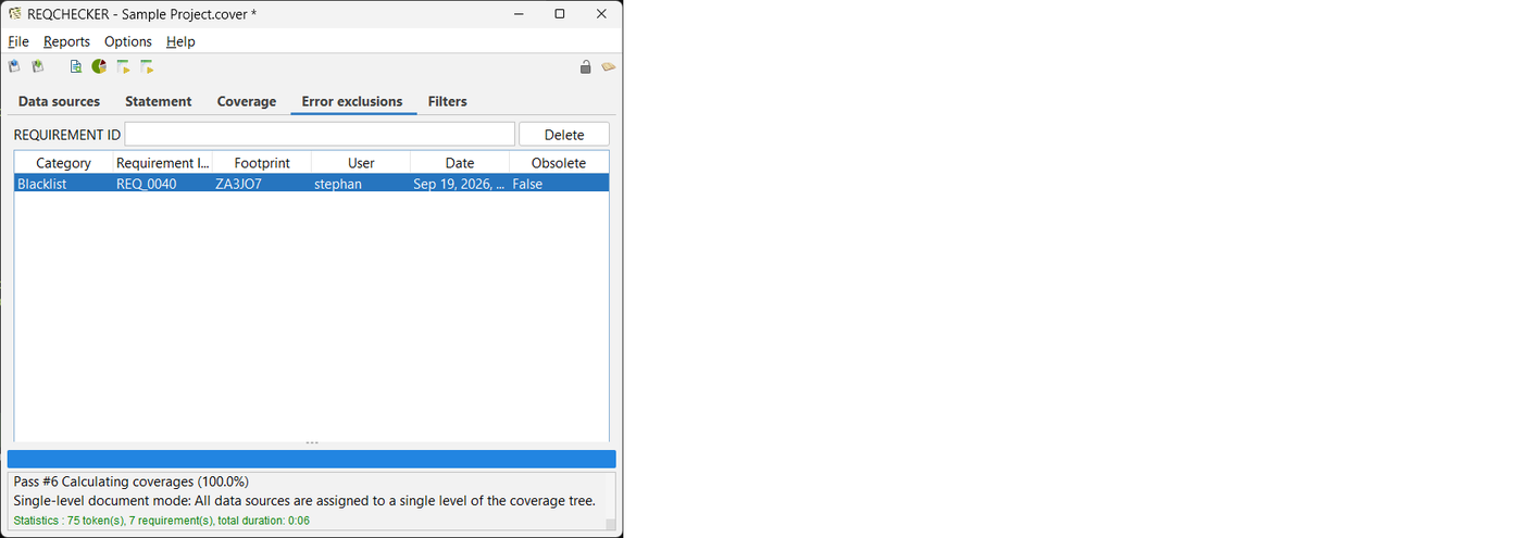 Error exclusions project tab